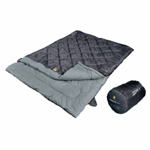 Double camping sleeping bag with a quilted dark grey exterior and light grey inner lining, shown partially unzipped beside its cylindrical black compression sack.