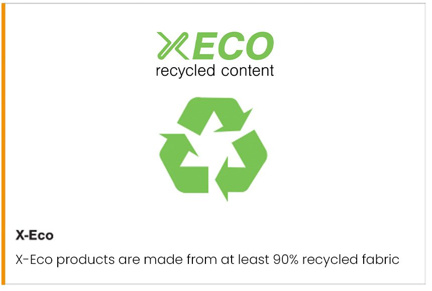 Rounded rectangular product graphic for PrimaLoft Gold Insulation ECO showing a white insulation cross-section with water droplets labelled water resistant, a 55% recycled content icon, a red heat cone labelled thermally efficient, an arrow labelled compressible and the text fast drying, plus the PrimaLoft logo