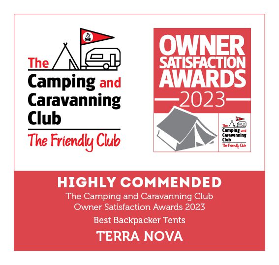 Alt text: Award badge for the Camping and Caravanning Club's Owner Satisfaction Awards 2023, highlighting Terra Nova as "Highly Commended" for Best Backpacker Tents.