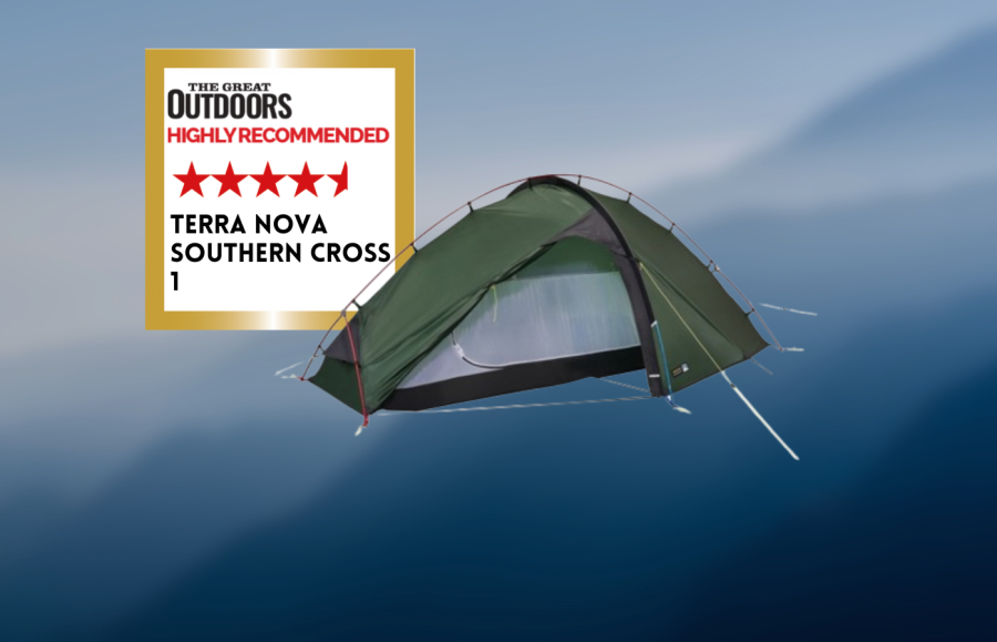 Terra Nova Southern Cross tent displayed with a "Highly Recommended" badge from a review source, showcasing its outdoor suitability and design features.