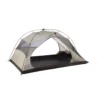 Freestanding two-person dome tent inner in grey and black with mesh side panels, arched black poles secured by orange clips, a raised black bathtub floor and a large open D-shaped entrance revealing an interior gear pocket.