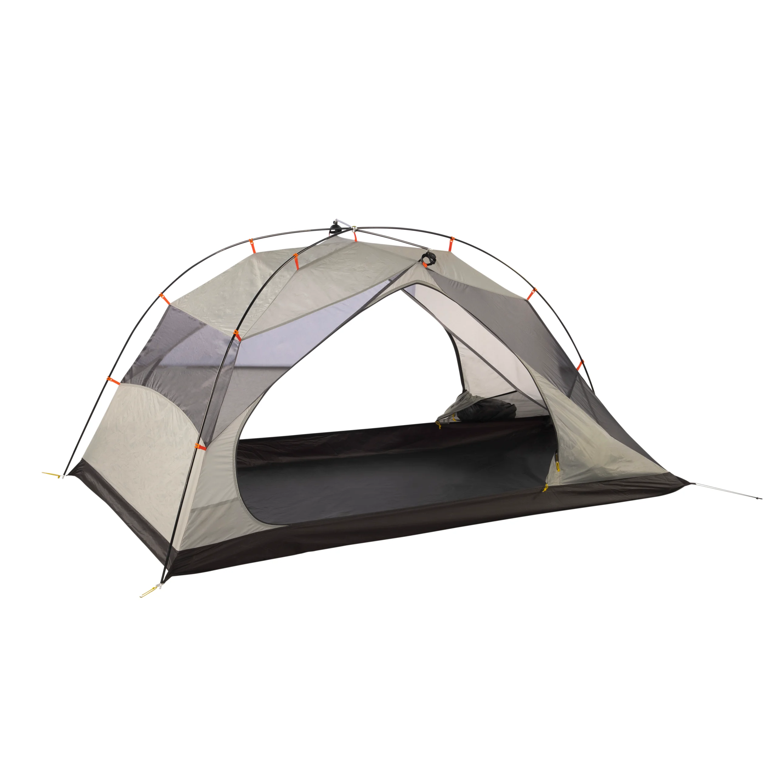 Freestanding two-person dome tent inner in grey and black with mesh side panels, arched black poles secured by orange clips, a raised black bathtub floor and a large open D-shaped entrance revealing an interior gear pocket.