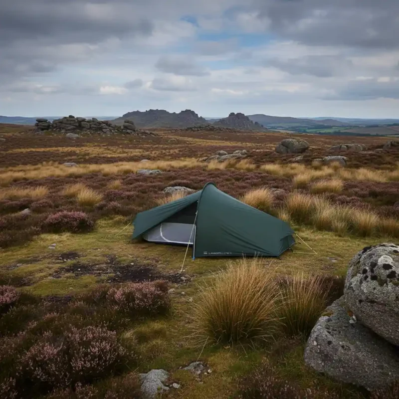 Tent set up in a scenic outdoor landscape featuring rocky hills and moorland under a cloudy sky, ideal for camping and nature exploration.