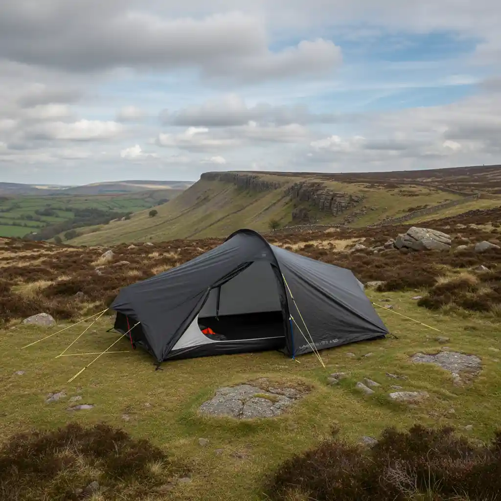 Black camping tent set up on a grassy hillside, surrounded by rocky terrain and rolling hills under a partly cloudy sky. Ideal for outdoor enthusiasts and hikers seeking adventure in nature.