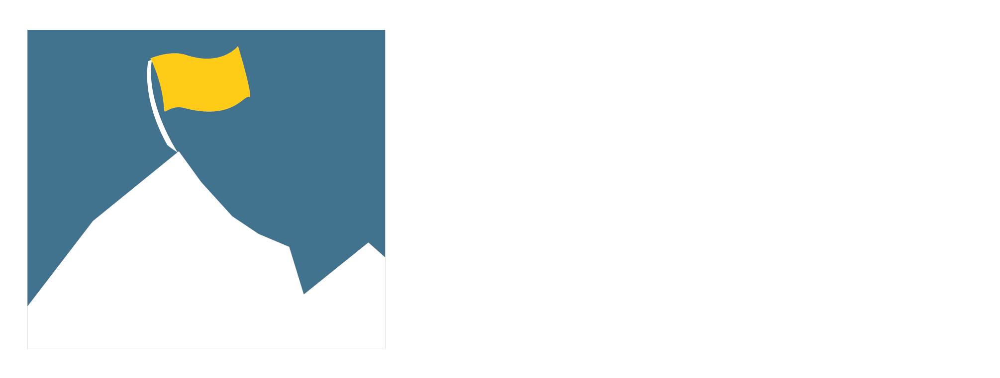 Stylised white mountain peak with a yellow flag on a curved white pole planted at the summit against a blue square background.