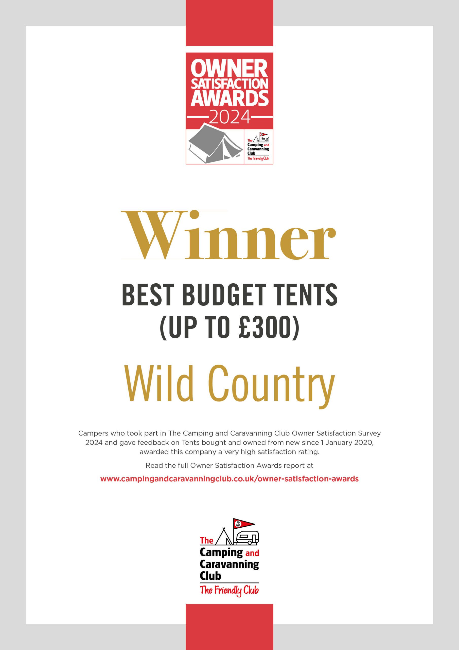 Certificate from The Camping and Caravanning Club Owner Satisfaction Awards 2024 naming Wild Country as Winner — Best Budget Tents (up to £300), with award logo at the top and club logo at the bottom.
