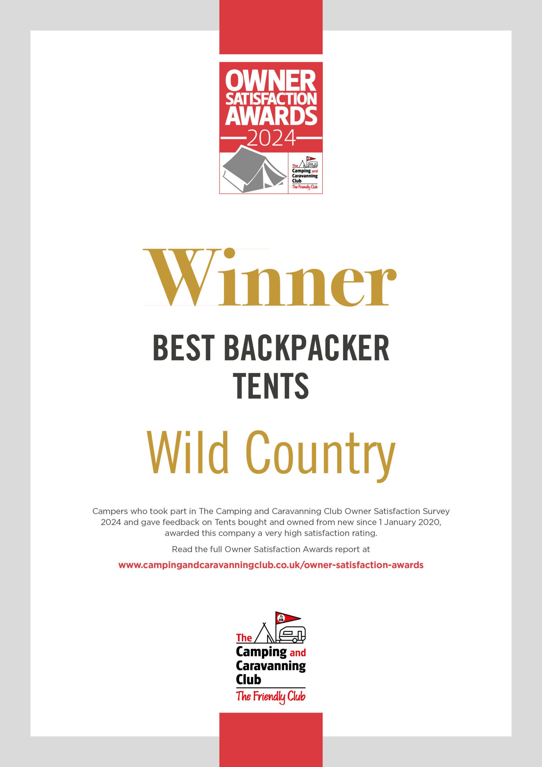 Certificate-style poster with an 'Owner Satisfaction Awards 2024' logo at the top, a large gold 'Winner' headline and the text 'Best Backpacker Tents' naming Wild Country as the winner, with the Camping and Caravanning Club logo and explanatory text at the bottom.