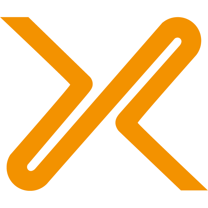Bold orange stylised X-shaped logo formed by thick rounded lines on a black background, with a smaller matching logo in the lower-left corner