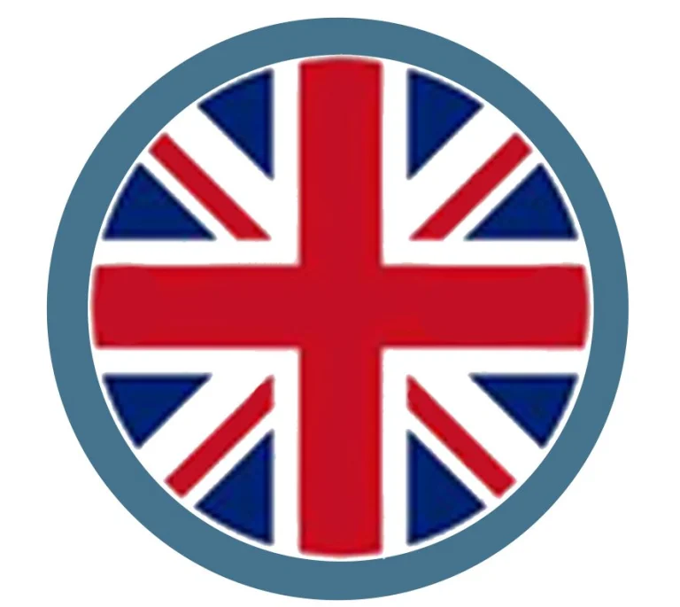Stylised circular Union Jack (red, white and blue) centred inside a muted teal-blue circular border.