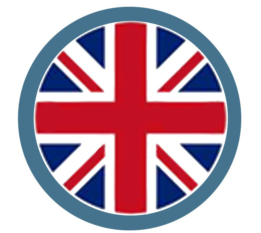 fea_New-UK-made-logo Stylised circular Union Jack (red, white and blue) centred inside a muted teal-blue circular border.