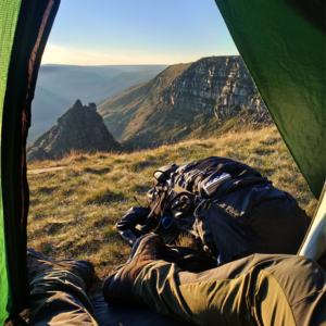 From inside a green tent, a hiker's legs and boots rest beside a packed backpack on a grassy cliff edge overlooking sunlit rocky crags and a wide valley at golden hour.