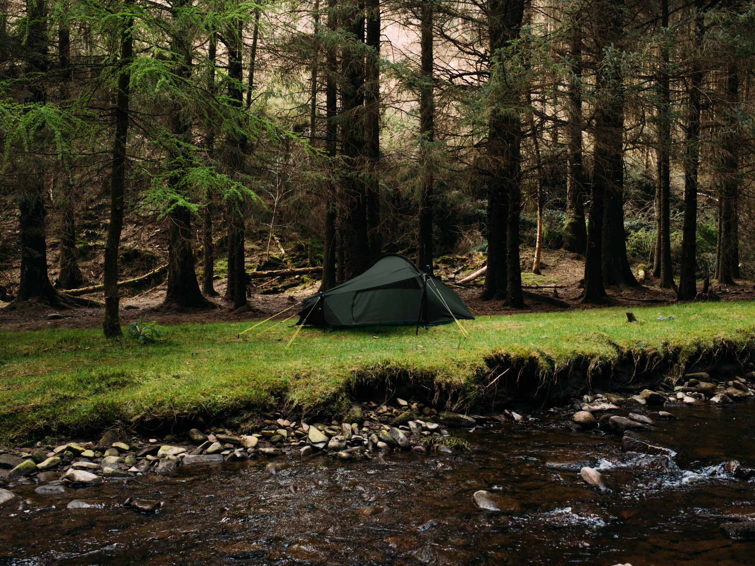Green camping tent pitched on a grassy riverbank beside a rocky stream, set against a backdrop of tall, dense conifer trees.