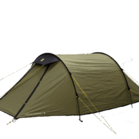 Olive-green tunnel-style camping tent with black trim and a small front awning, pitched and tensioned by yellow guy lines and stakes.