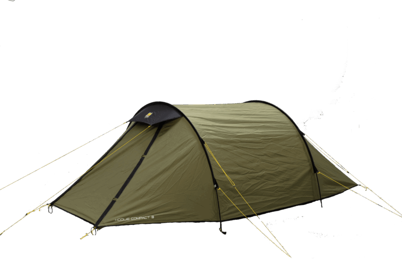 Olive-green tunnel-style camping tent with black trim and a small front awning, pitched and tensioned by yellow guy lines and stakes.