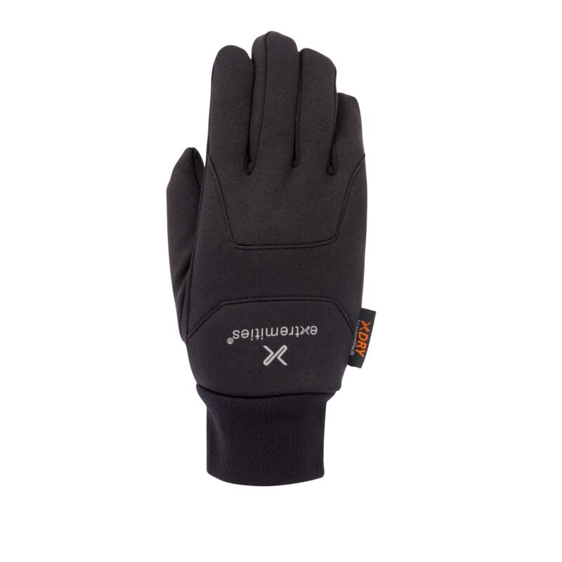 Black insulated five-finger glove laid flat with a ribbed elasticated cuff, a reflective "extremities" logo on the back and a small orange XDRY fabric tag.