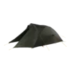 Dark olive-green two-person tunnel tent with a covered front vestibule and taut yellow guy lines staked out, showing VOYAGER LITE branding on the lower side.