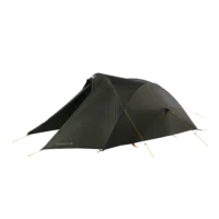Dark olive-green two-person tunnel tent with a covered front vestibule and taut yellow guy lines staked out, showing VOYAGER LITE branding on the lower side.