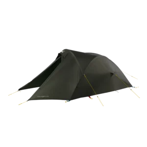 Dark olive-green two-person tunnel tent with a covered front vestibule and taut yellow guy lines staked out, showing VOYAGER LITE branding on the lower side.