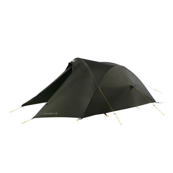 Dark olive-green two-person tunnel tent with a covered front vestibule and taut yellow guy lines staked out, showing VOYAGER LITE branding on the lower side.