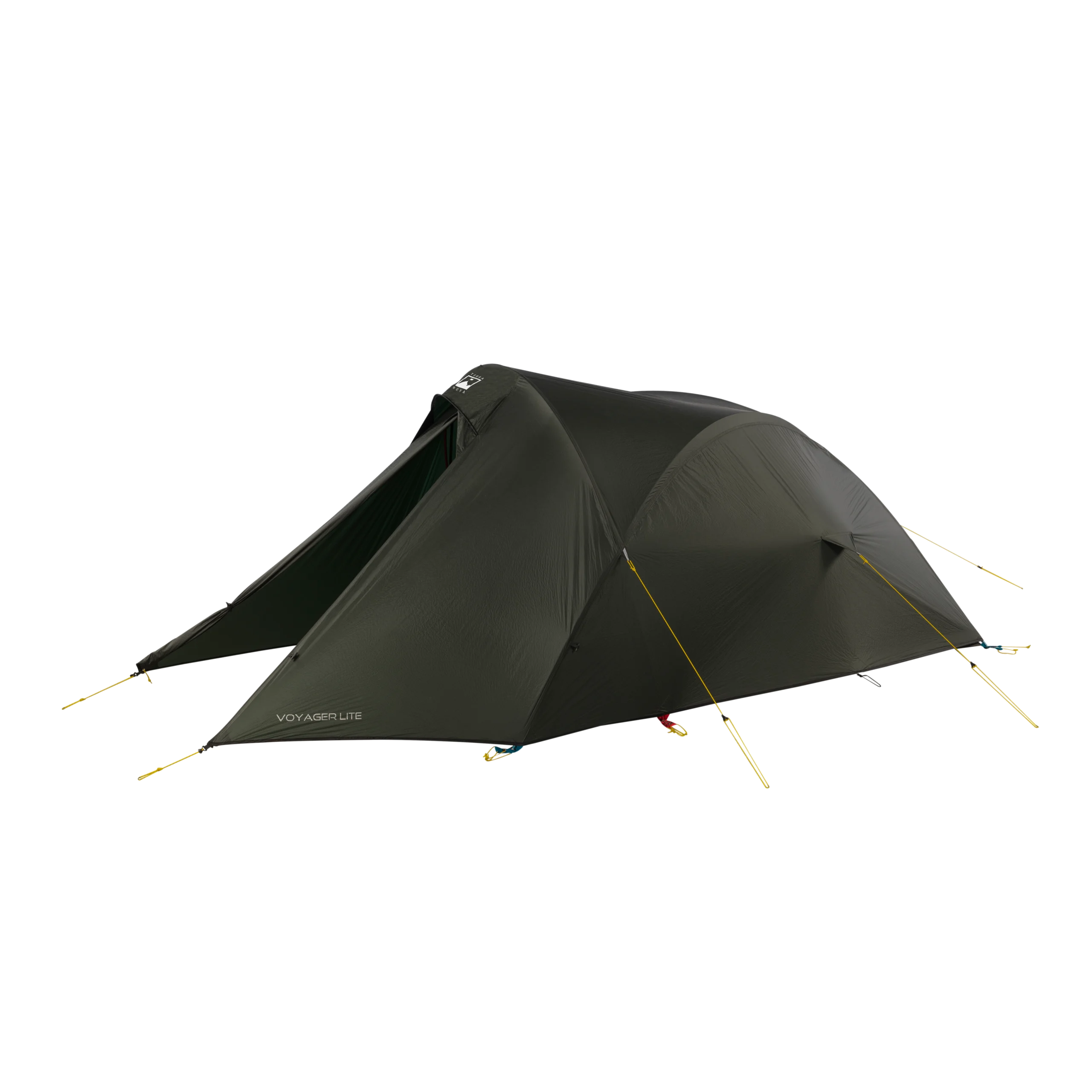 12_TN_Voyager_Light_05_co-3.webp Dark olive-green two-person tunnel tent with a covered front vestibule and taut yellow guy lines staked out, showing VOYAGER LITE branding on the lower side.