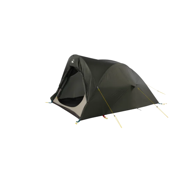 Olive-green two-person dome tent with rainfly and partially open front door showing a beige inner floor, staked out with yellow guy lines and pegs on a plain black background