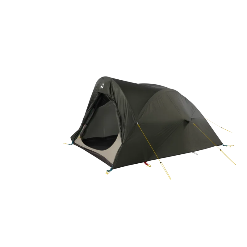 Olive-green two-person dome tent with rainfly and partially open front door showing a beige inner floor, staked out with yellow guy lines and pegs on a plain black background
