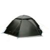 1500-x-72dpi-Door-Closed-3.jpg Dark green dome camping tent with arched poles, blue pole attachments and multiple yellow guy lines, featuring a zipped side entrance and small top vent, shown isolated on a white background.