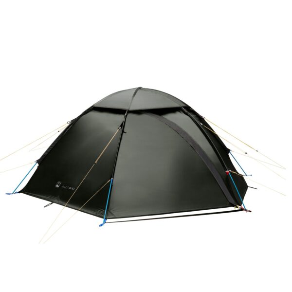 1500-x-72dpi-Door-Closed-3.jpg Dark green dome camping tent with arched poles, blue pole attachments and multiple yellow guy lines, featuring a zipped side entrance and small top vent, shown isolated on a white background.