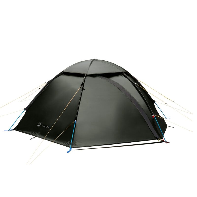 Dark green dome camping tent with arched poles, blue pole attachments and multiple yellow guy lines, featuring a zipped side entrance and small top vent, shown isolated on a white background.