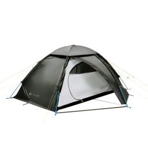 1500-x-72dpi-Inner-Vent-3.jpg Two-person dome camping tent with a dark green rainfly partially rolled back to reveal a white inner sleeping compartment with a large D-shaped zip door, blue pole connectors and tensioned guy lines on a plain white background.