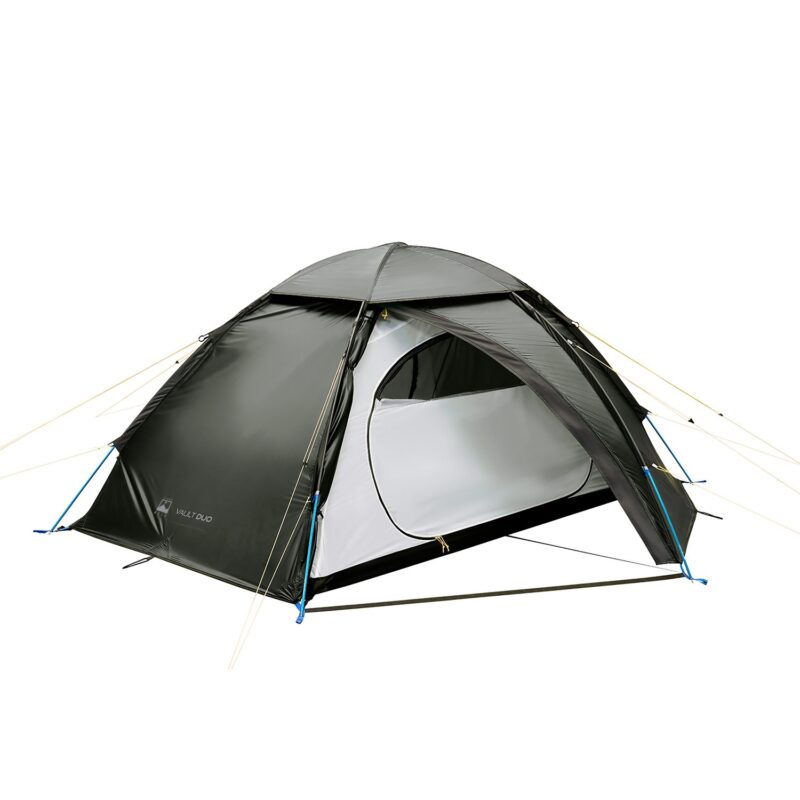 Two-person dome camping tent with a dark green rainfly partially rolled back to reveal a white inner sleeping compartment with a large D-shaped zip door, blue pole connectors and tensioned guy lines on a plain white background.