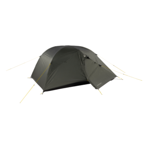 15_TN_Solar_Event2_CO10-3.webp Olive-green two-person dome tent with a full rainfly and small front vestibule, supported by crossed poles and yellow guy lines, shown against a white background.