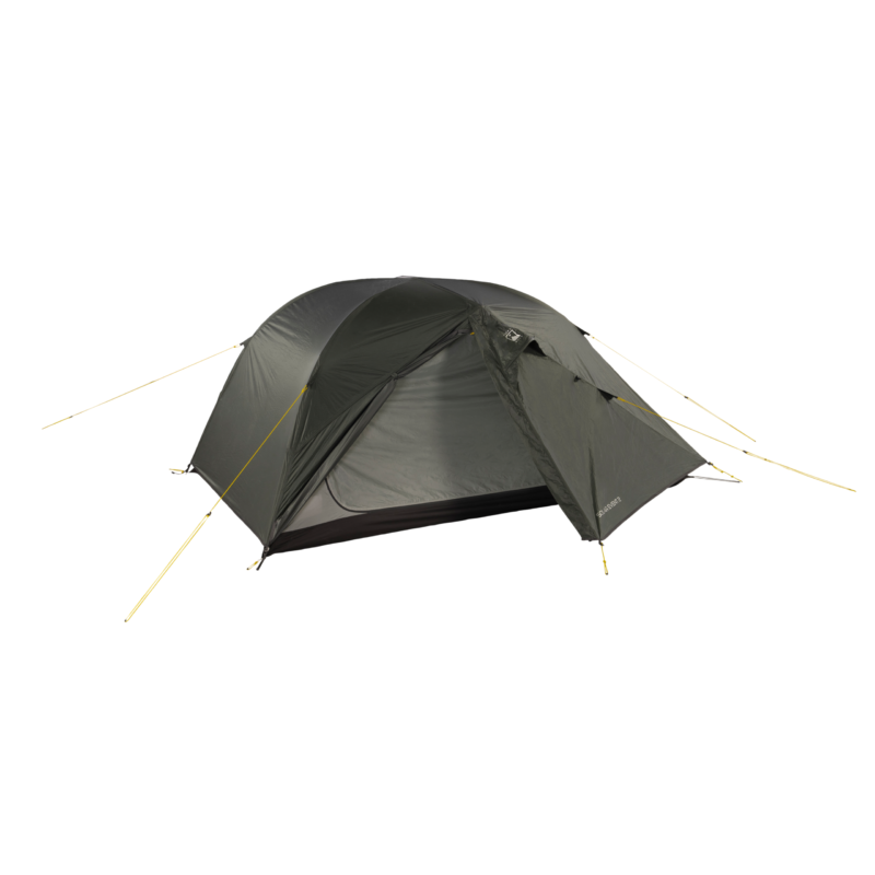 Dark green two-person dome tent with a partially open front door revealing the inner mesh and black floor, supported by crossed poles and yellow guy lines on a white background.