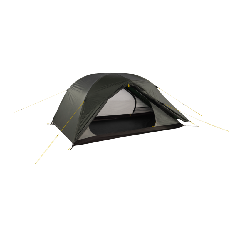 Olive-green dome tent with a partially open front door revealing a mesh inner layer and black bathtub-style floor, supported by crossed poles and yellow guy lines on a white background.