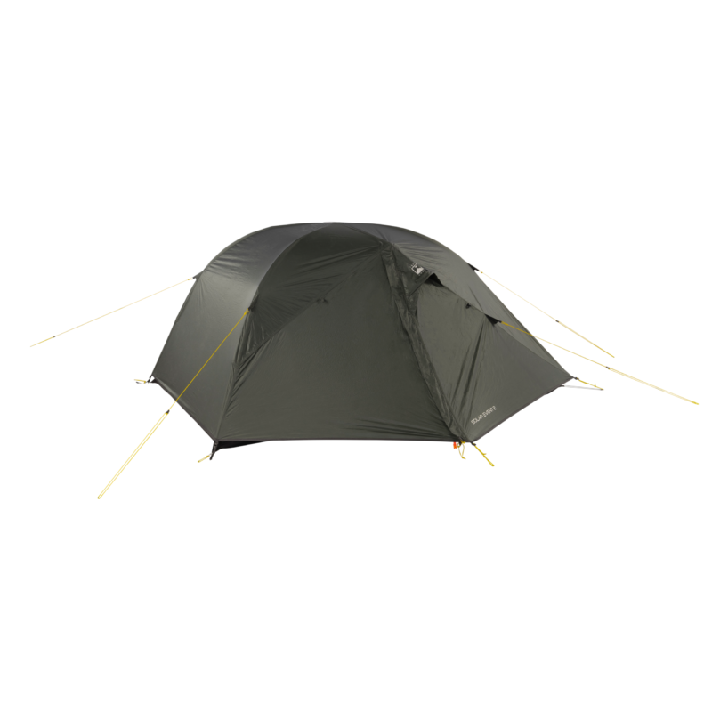 Dark olive-green dome camping tent with rainfly over curved poles, a zipped front vestibule and yellow guy lines pegged out.