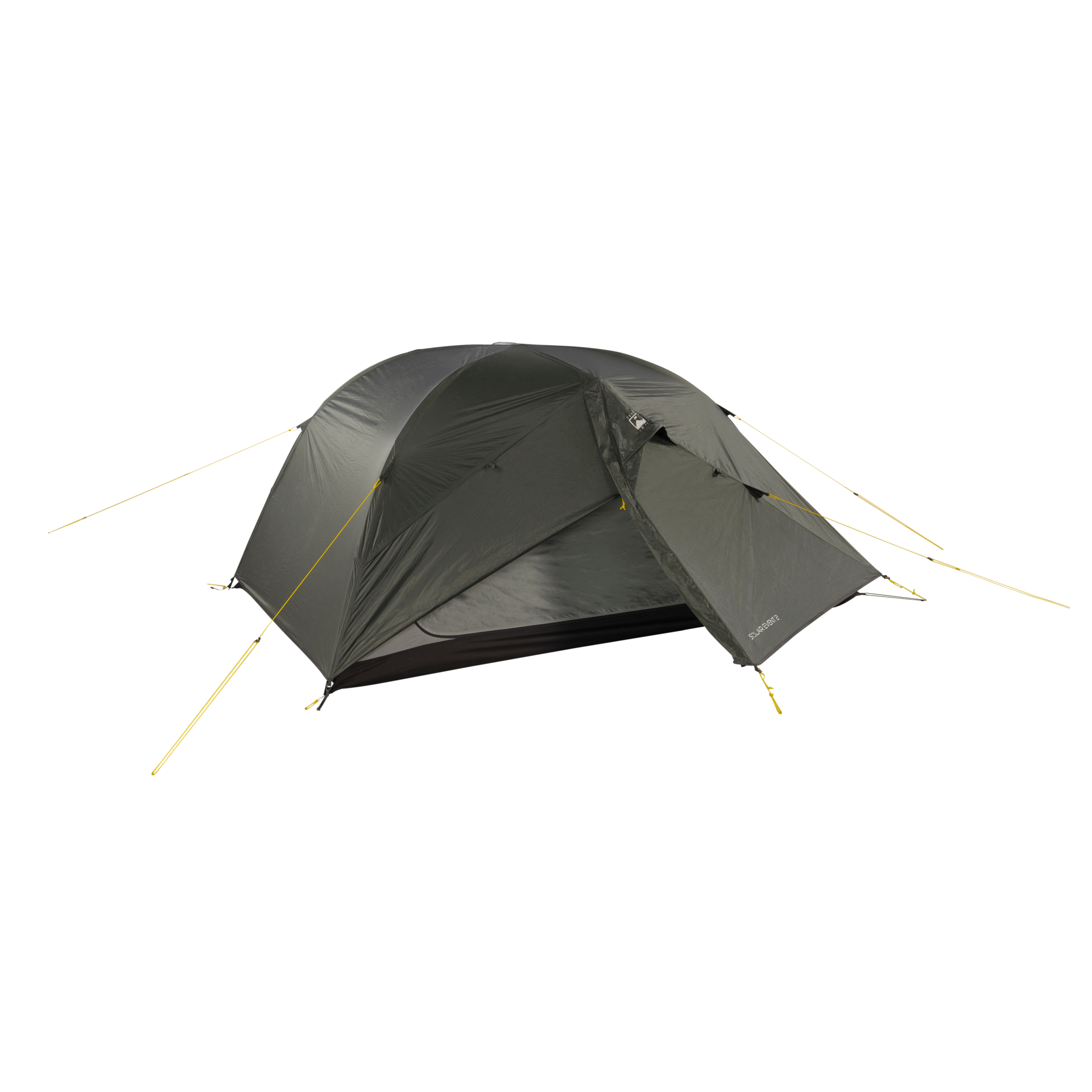 Olive-green two-person dome tent with arched poles, a partially open front vestibule revealing the dark inner floor, and yellow guy lines, photographed on a white background.