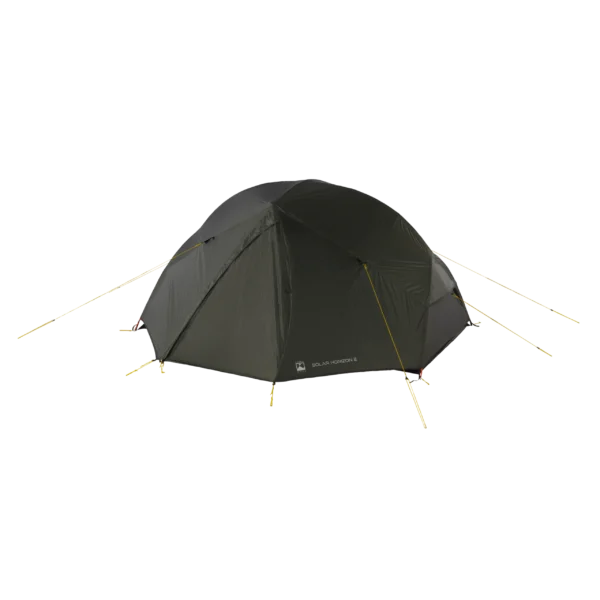 16_TN_Solar_Horizon2_01_co-3.webp Olive-green two-person dome tent with a full rainfly, crossed pole frame and yellow guy lines staked out, photographed against a black background.