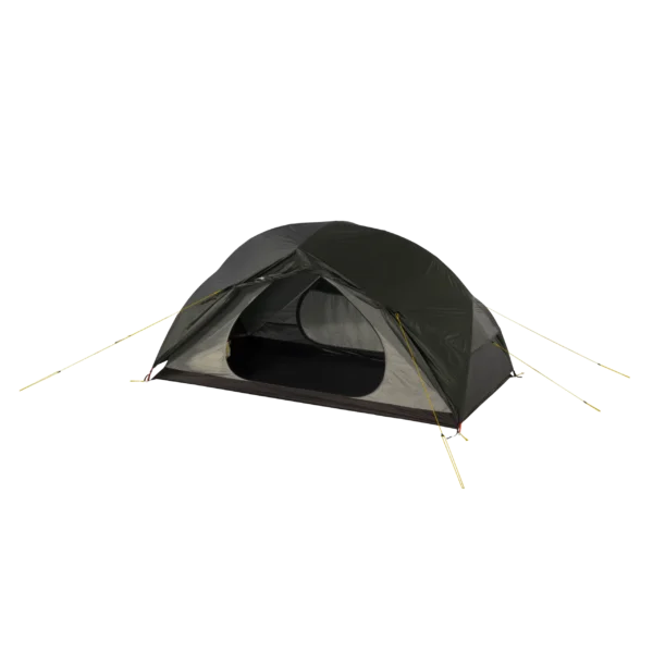 16_TN_Solar_Horizon2_09_co-3.webp Dark green dome camping tent with its front flap open to show the inner mesh doorway and dark floor, staked out with yellow guy lines against a black background.