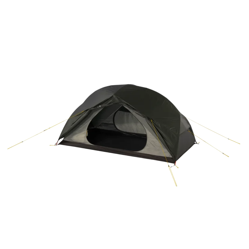 Dark green dome camping tent with its front flap open to show the inner mesh doorway and dark floor, staked out with yellow guy lines against a black background.