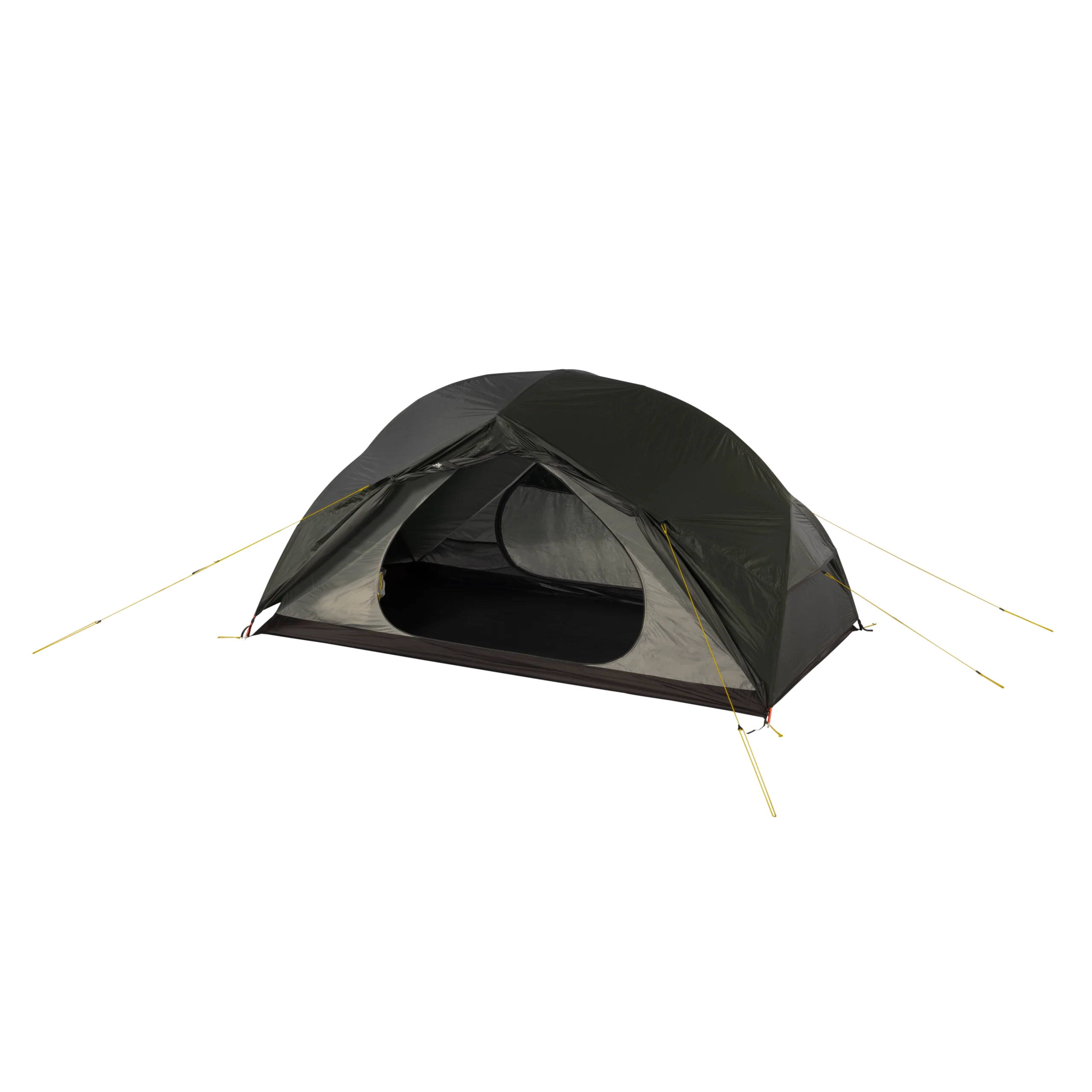 Dark green dome camping tent with its front flap open to show the inner mesh doorway and dark floor, staked out with yellow guy lines against a black background.