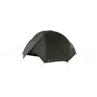 Dark green dome-style two-person camping tent with an extended vestibule, taut yellow guylines and pegged corners, shown isolated on a black background.
