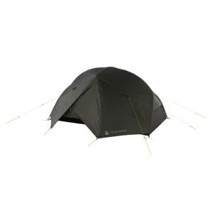 16_TN_Solar_Horizon_2_03_co-3.webp Dark green dome-style two-person camping tent with an extended vestibule, taut yellow guylines and pegged corners, shown isolated on a black background.