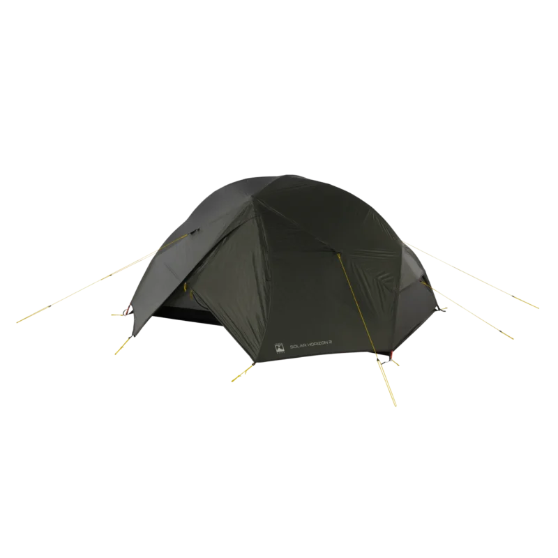 16_TN_Solar_Horizon_2_03_co-3.webp Dark green dome-style two-person camping tent with an extended vestibule, taut yellow guylines and pegged corners, shown isolated on a black background.