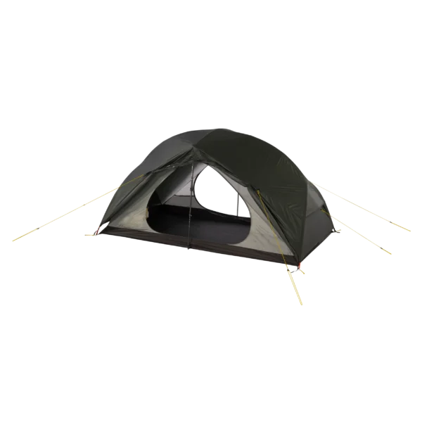 16_TN_Solar_Horizon_2_07_co-3.webp Olive-green dome camping tent with rainfly and open front door showing a dark inner floor, supported by crossed poles and tensioned guy lines pegged out