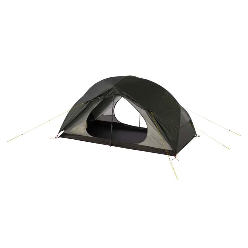 Olive-green dome camping tent with rainfly and open front door showing a dark inner floor, supported by crossed poles and tensioned guy lines pegged out