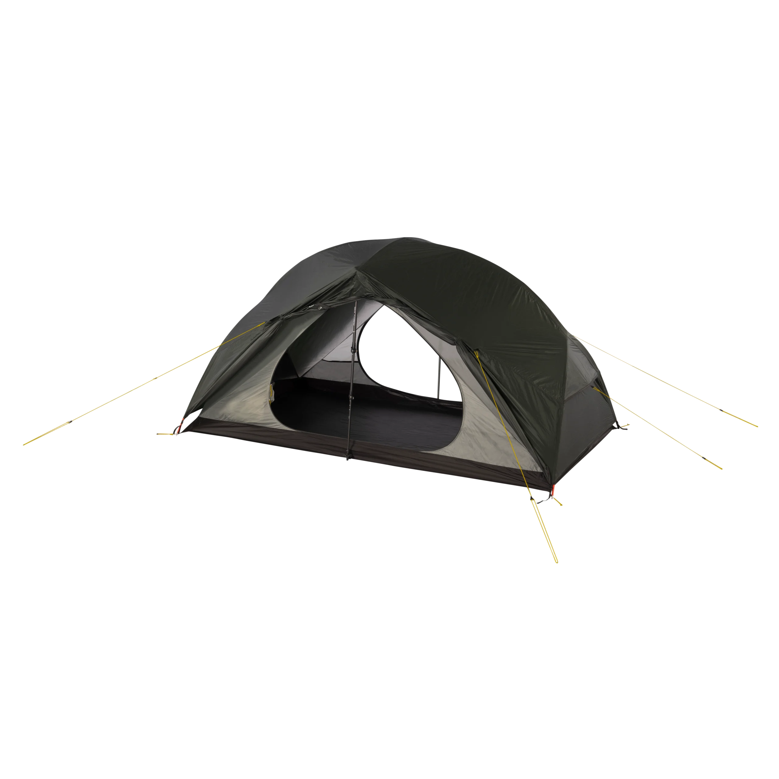 Olive-green dome camping tent with rainfly and open front door showing a dark inner floor, supported by crossed poles and tensioned guy lines pegged out