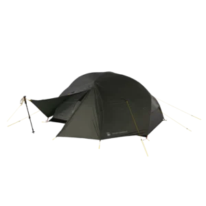 Olive-green two-person dome tent with a small front vestibule propped by a trekking pole, taut yellow guylines and stakes securing the rainfly.