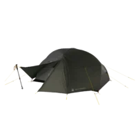 Olive-green two-person dome tent with a small front vestibule propped by a trekking pole, taut yellow guylines and stakes securing the rainfly.