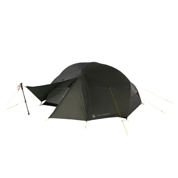 16_TN_Solar_Horizon_2_12_co-3.webp Olive-green two-person dome tent with a small front vestibule propped by a trekking pole, taut yellow guylines and stakes securing the rainfly.