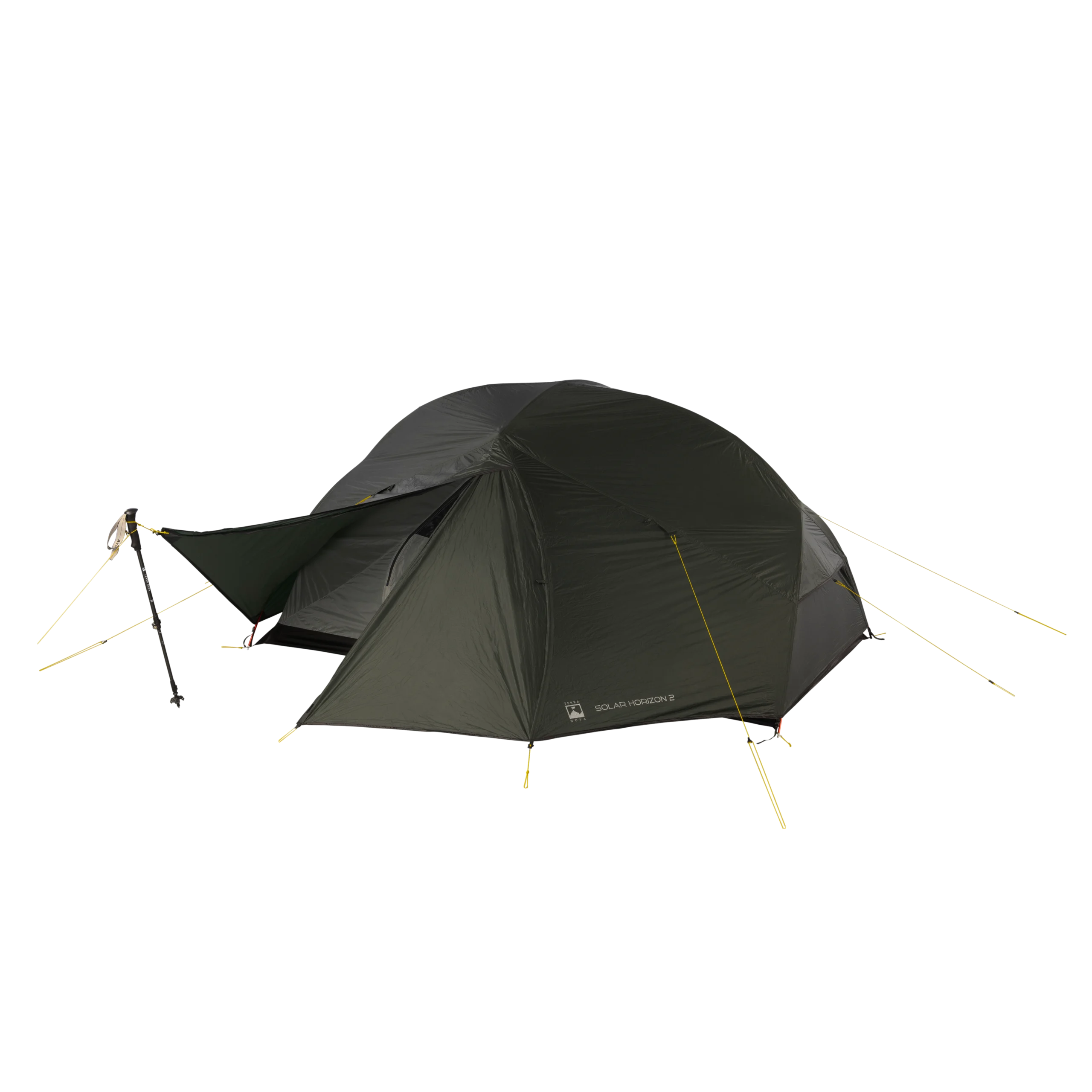 16_TN_Solar_Horizon_2_12_co-3.webp Olive-green two-person dome tent with a small front vestibule propped by a trekking pole, taut yellow guylines and stakes securing the rainfly.